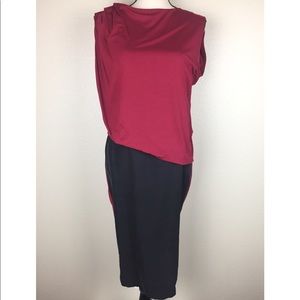 Asymmetrical Silky Slit Back Maroon & Black Dress